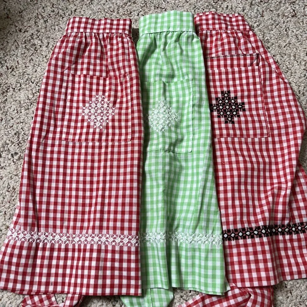 3 VTG Homemade Embroidered 2 Red 1 Green Gingham Check Pleated Aprons Mid Cent